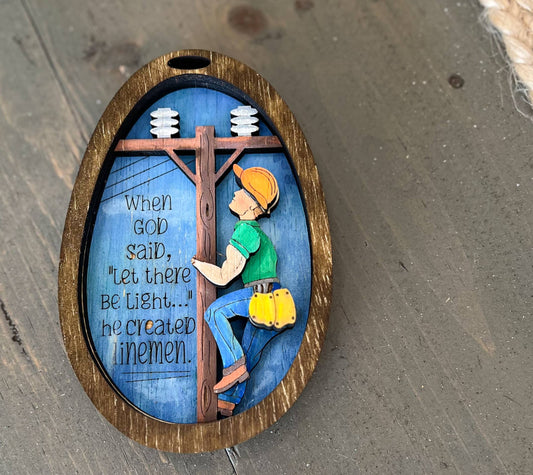 Lineman Hand Painted Wood Christmas Tree Ornament 