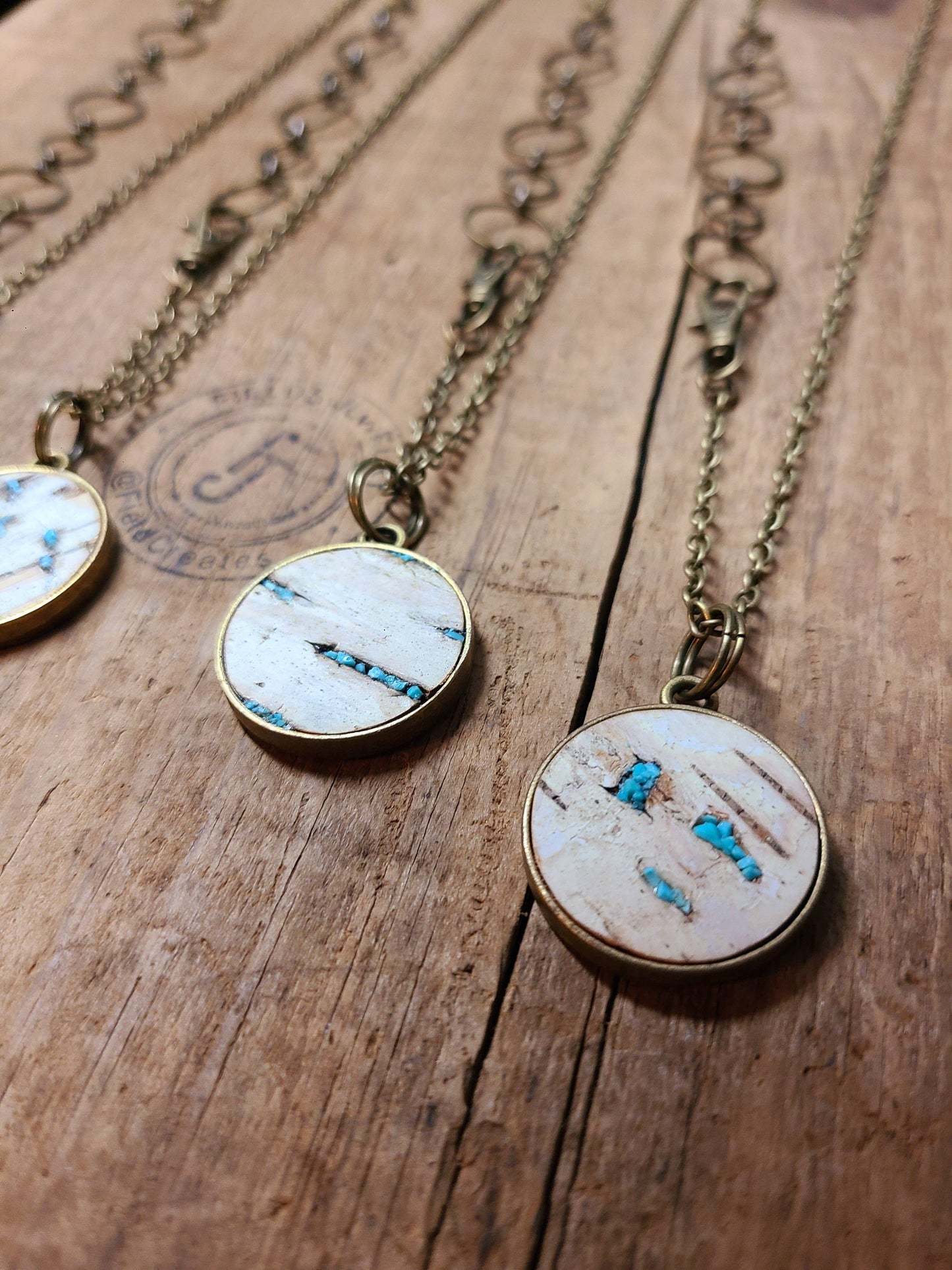 Double Natural Wood Birch Bark Turquoise Necklace WI USA
