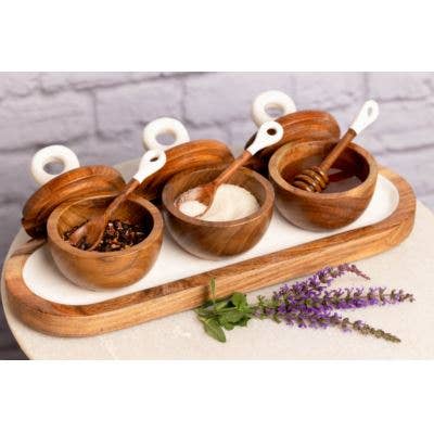 Wood + White Acacia Wood 3 dipping bowls, tray, and spoons