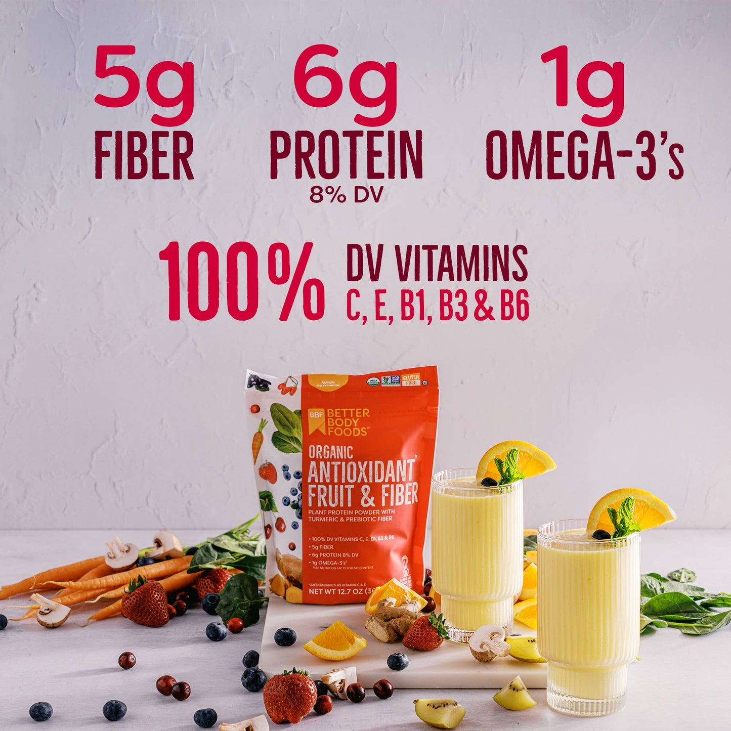 BetterBody Foods Antioxidant Fruit and Fiber 360 g bag.