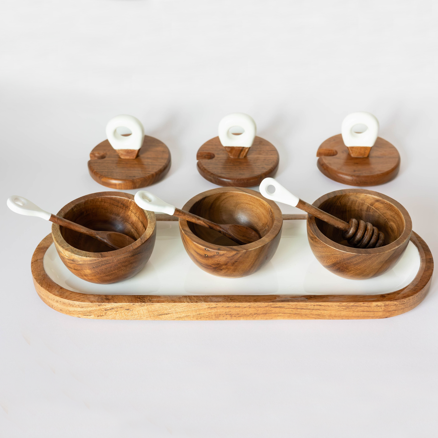 Wood + White Acacia Wood 3 dipping bowls, tray, and spoons