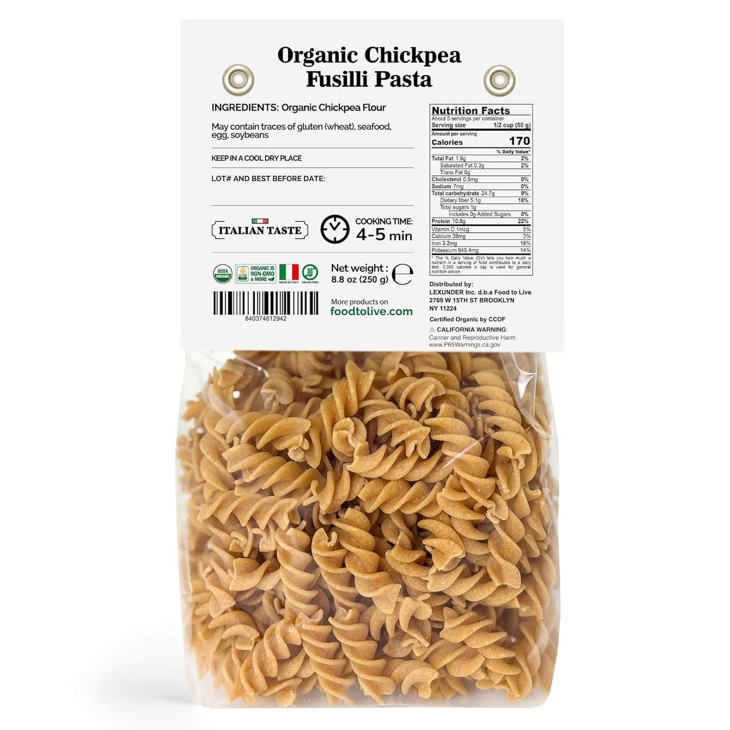Organic Chickpea Fusilli Pasta, 8.8 OZ – Non-GMO, Vegan