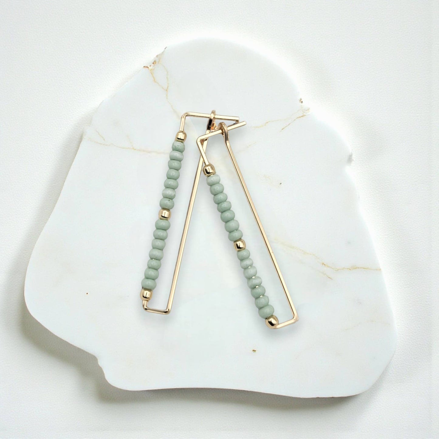 Gold Rectangle Earrings with Mint Green Seed Beads