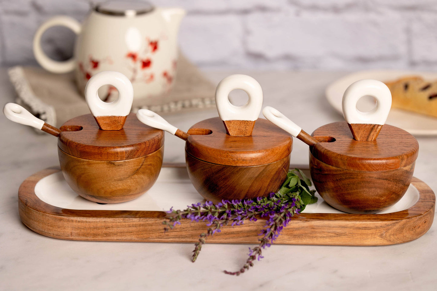 Wood + White Acacia Wood 3 dipping bowls, tray, and spoons