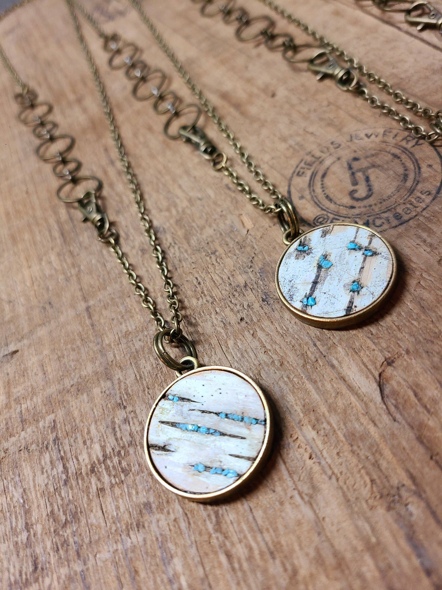 Double Natural Wood Birch Bark Turquoise Necklace WI USA