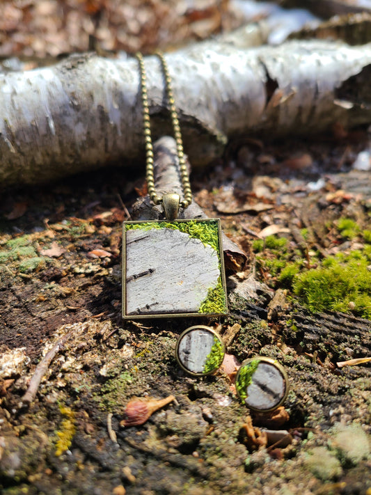 Mossy Birch Bark Square Necklace Earrings Botanical Nature