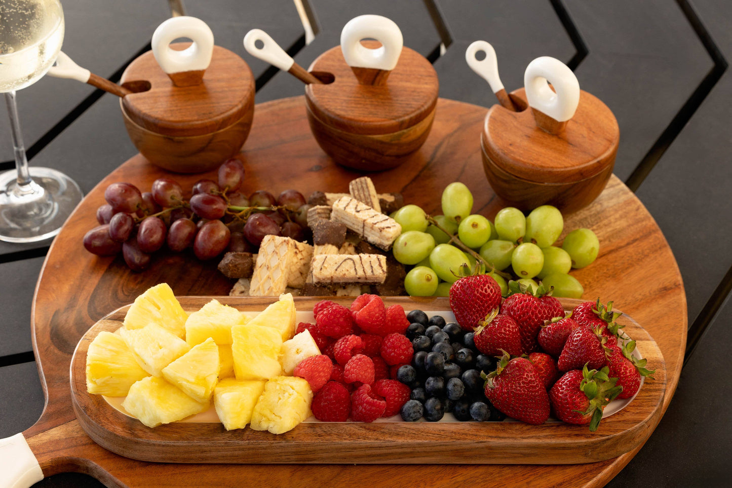 Wood + White Acacia Wood 3 dipping bowls, tray, and spoons