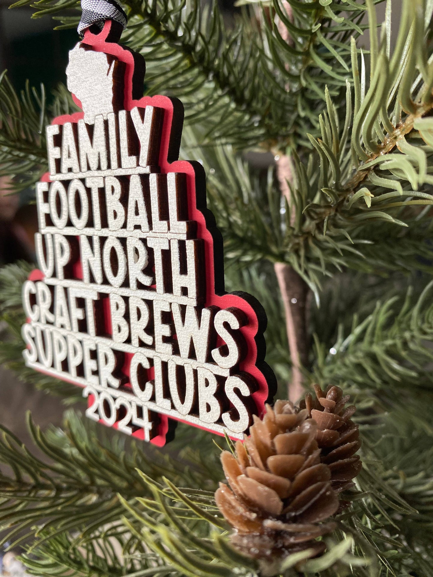 Handmade Wisconsin favorite things word ornament - red