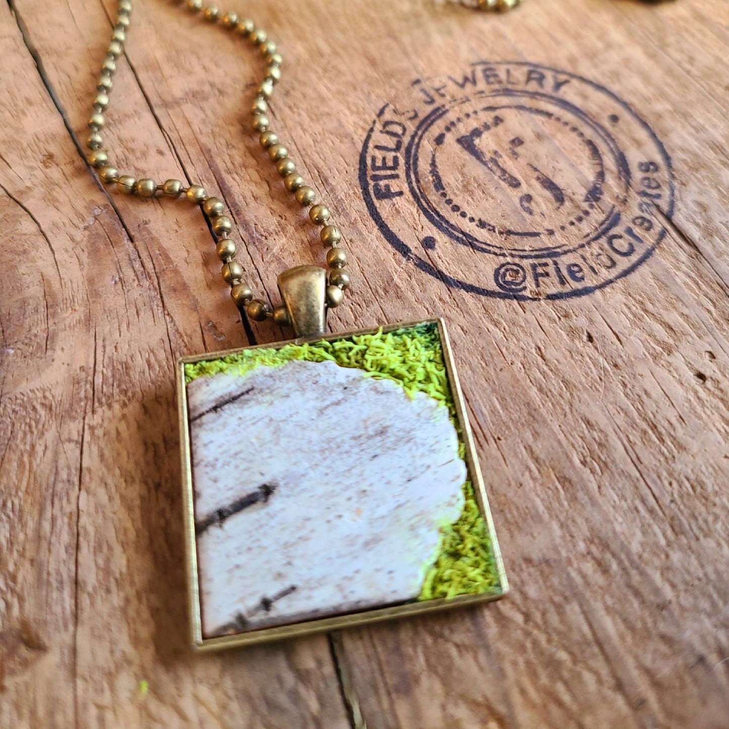 Mossy Birch Bark Square Necklace Earrings Botanical Nature