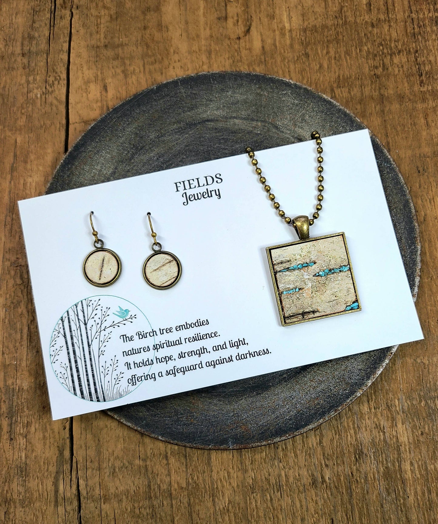 Turquoise Birch Bark Square Necklace Set Botanical Nature