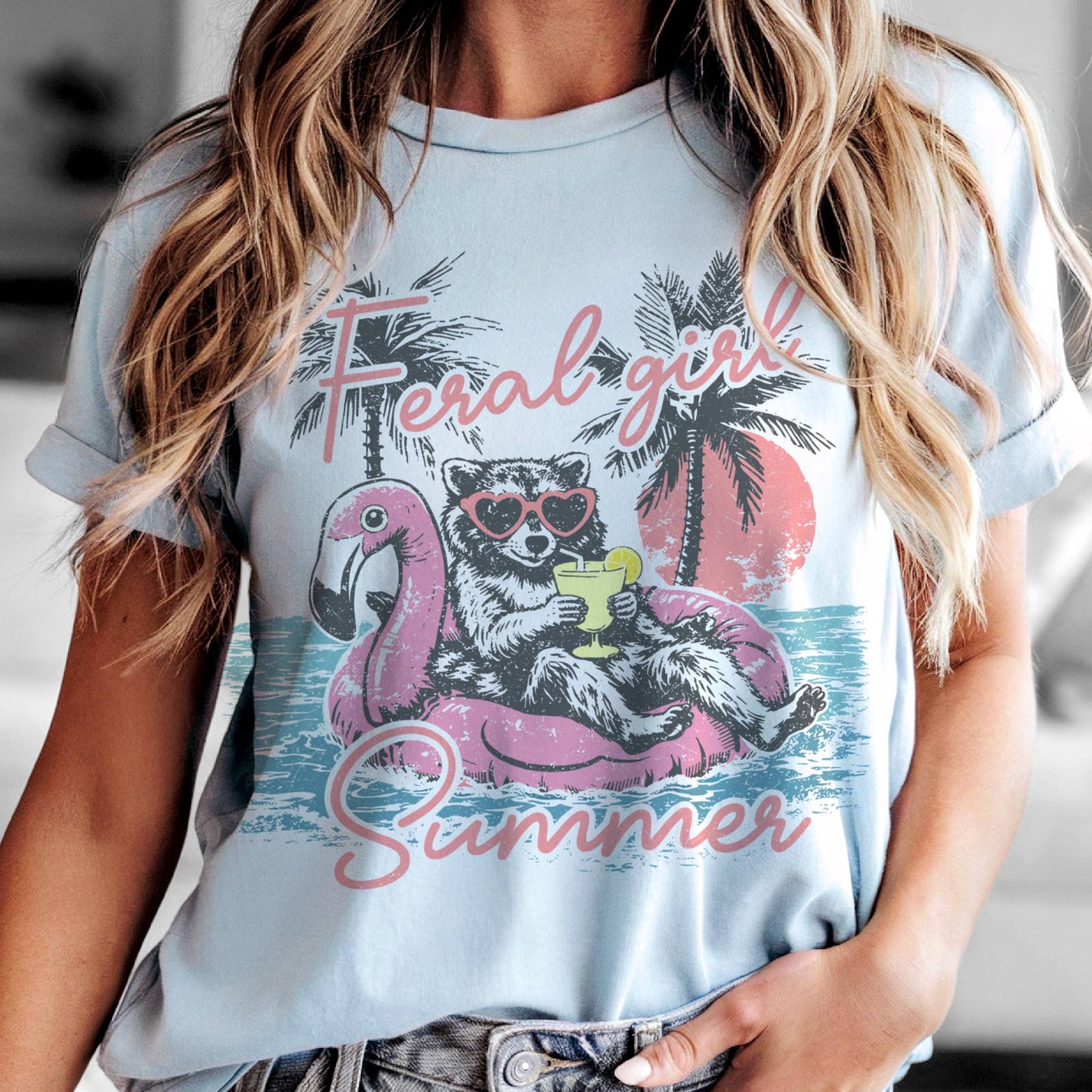 Feral Girl Summer Raccoon Pool Beach Vacation Graphic Tee