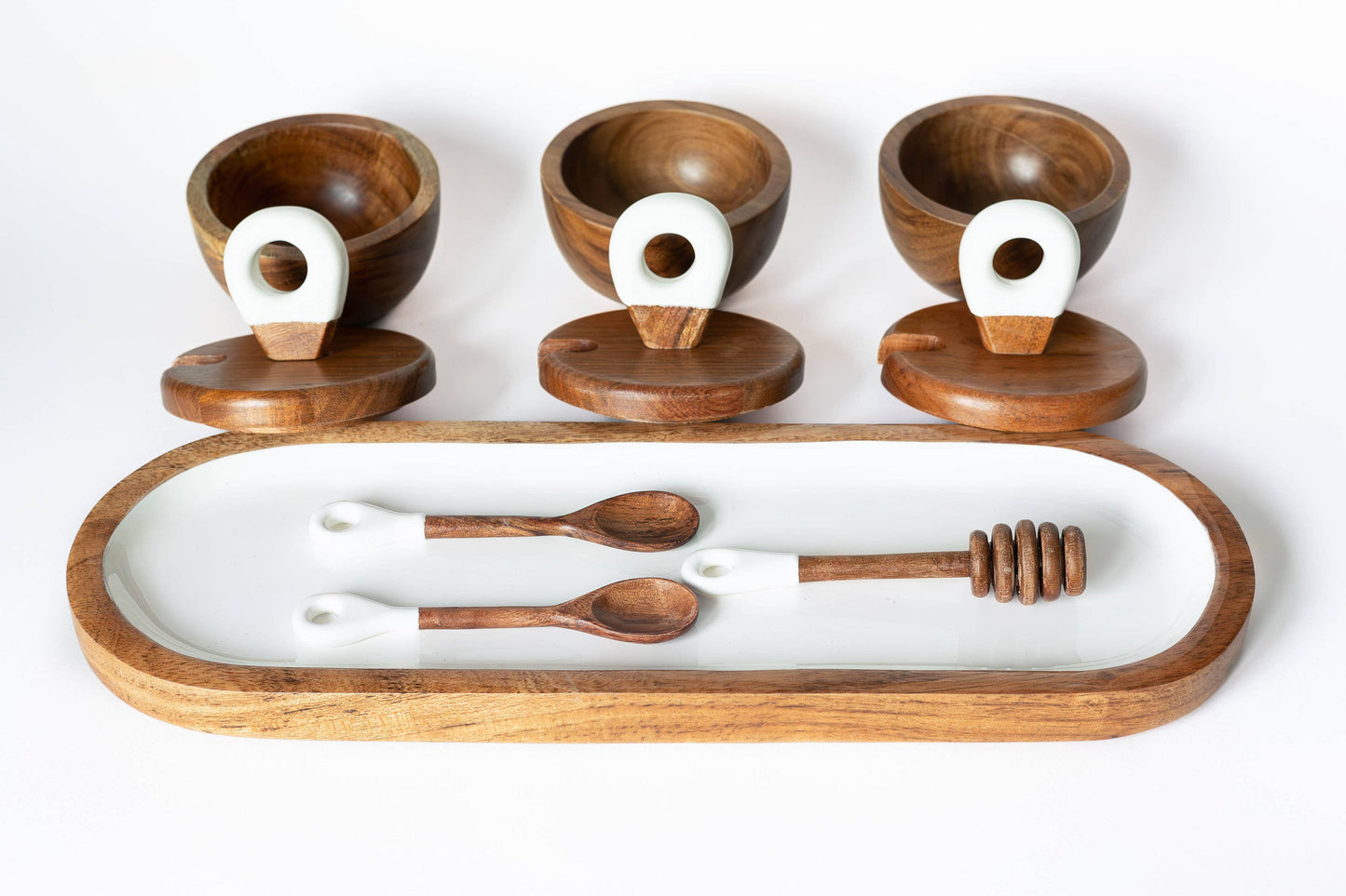 Wood + White Acacia Wood 3 dipping bowls, tray, and spoons