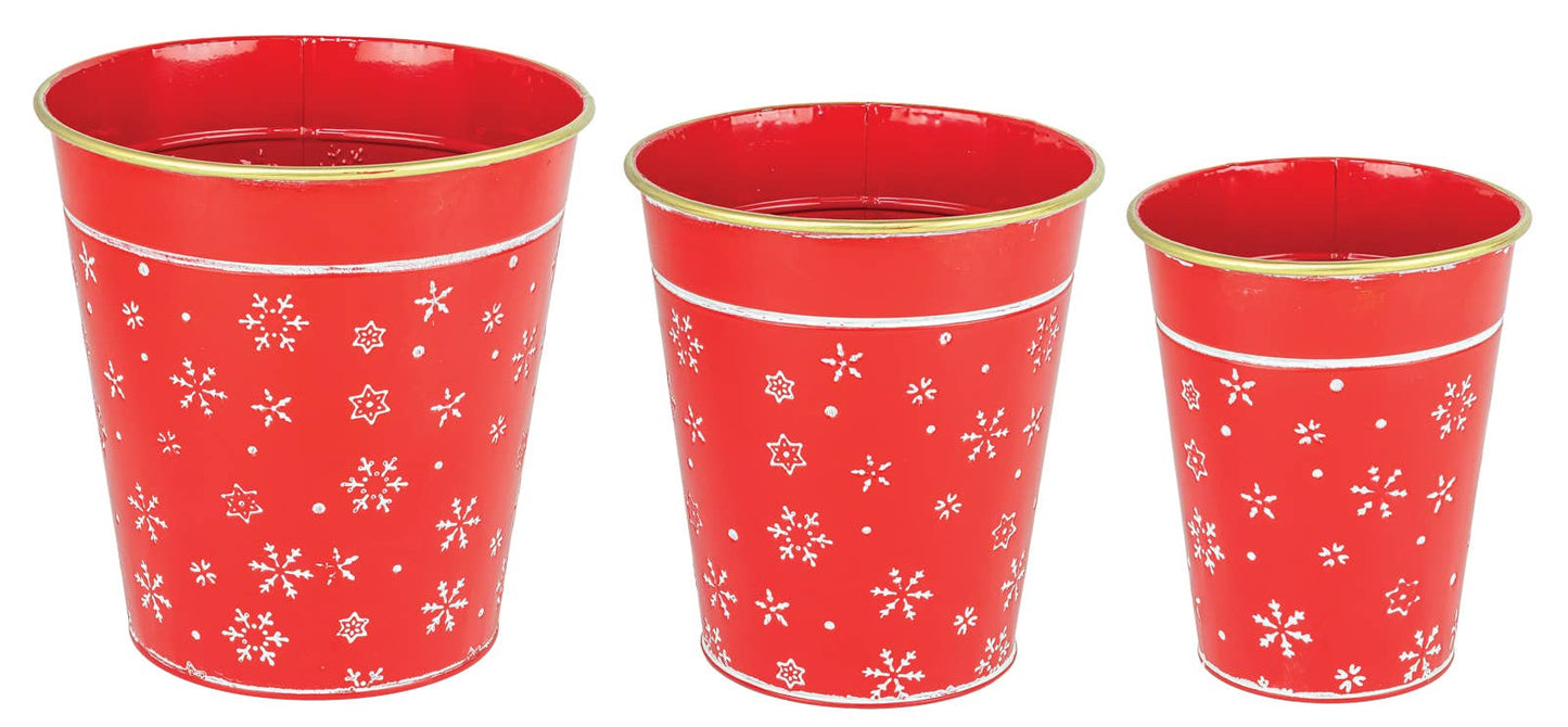 Snowflake Christmas Red Planter Pail, Set of 3
