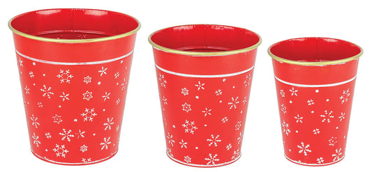 Snowflake Christmas Red Planter Pail, Set of 3