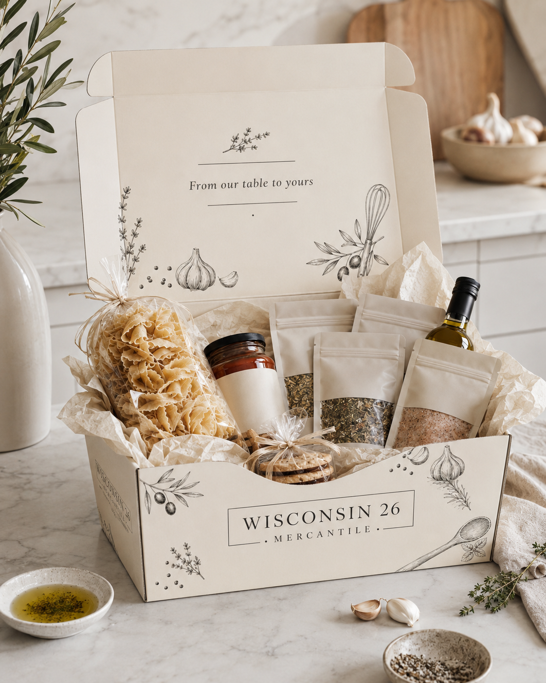 The Pantry Club curated subscription box by Wisconsin 26 Mercantile, filled with artisan pantry goods
