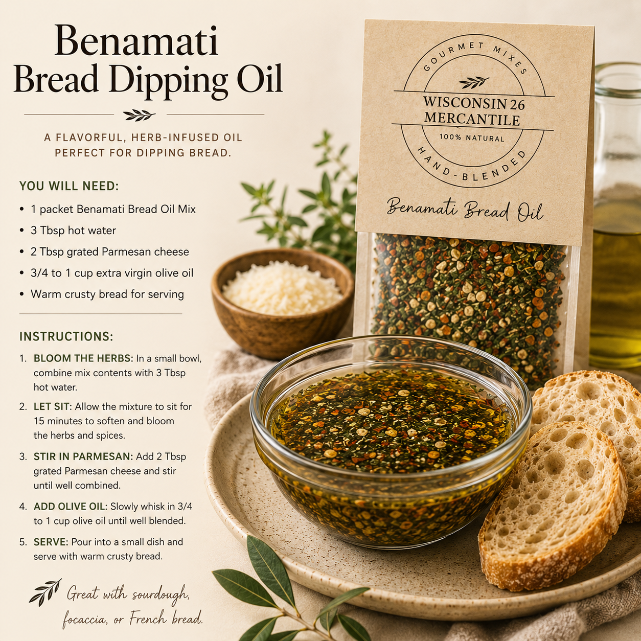 Front of Benmati Bread Dipping Oil Mix seasoning pouch with garlic, basil, oregano and rosemary blend