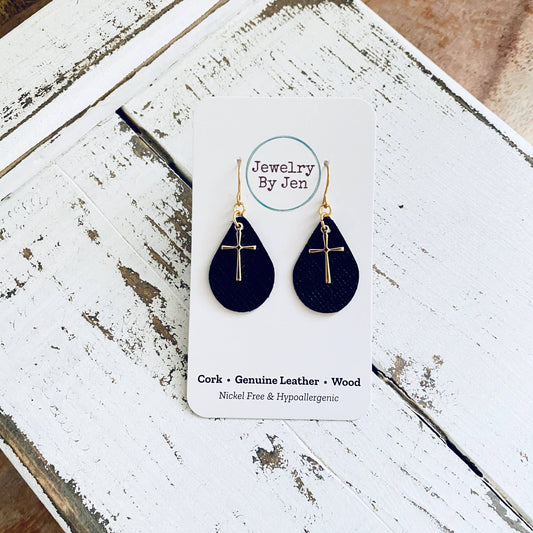 Small Teardrop Earrings: Black w/Gold Cross Charm