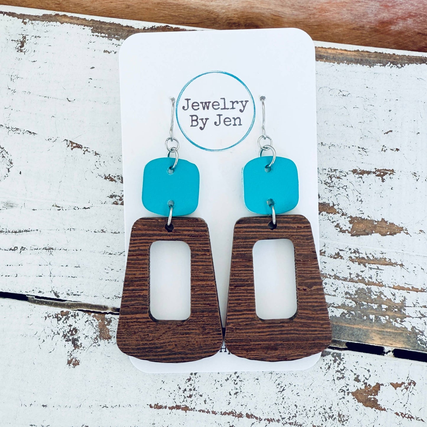 Wood Trapezoid & Turquoise Rounded Square Earrings