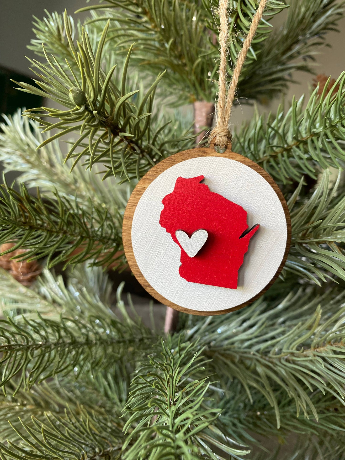 Handmade Wisconsin small round ornament with heart
