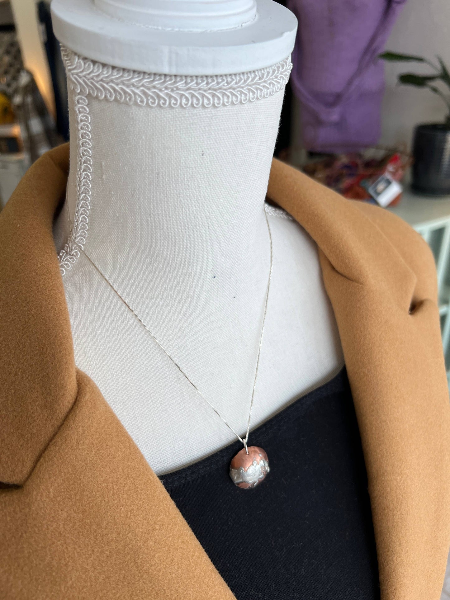 Inverted Copper Bowl Pendant with Splash on Sterling