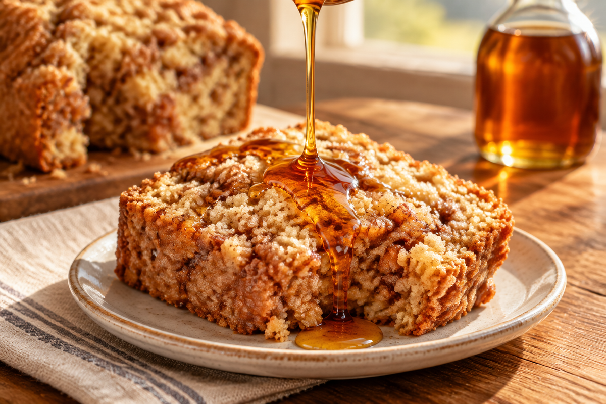 Apple fritter bread with maple syrup pouring over it