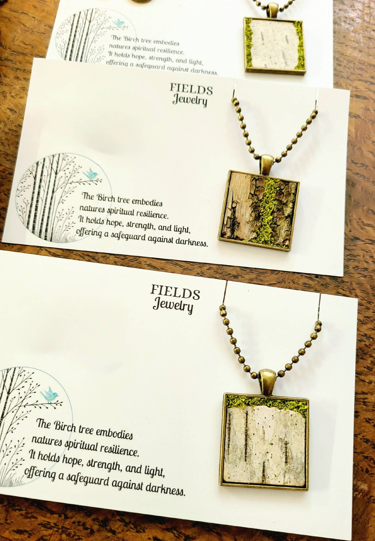 Mossy Birch Bark Square Necklace Earrings Botanical Nature
