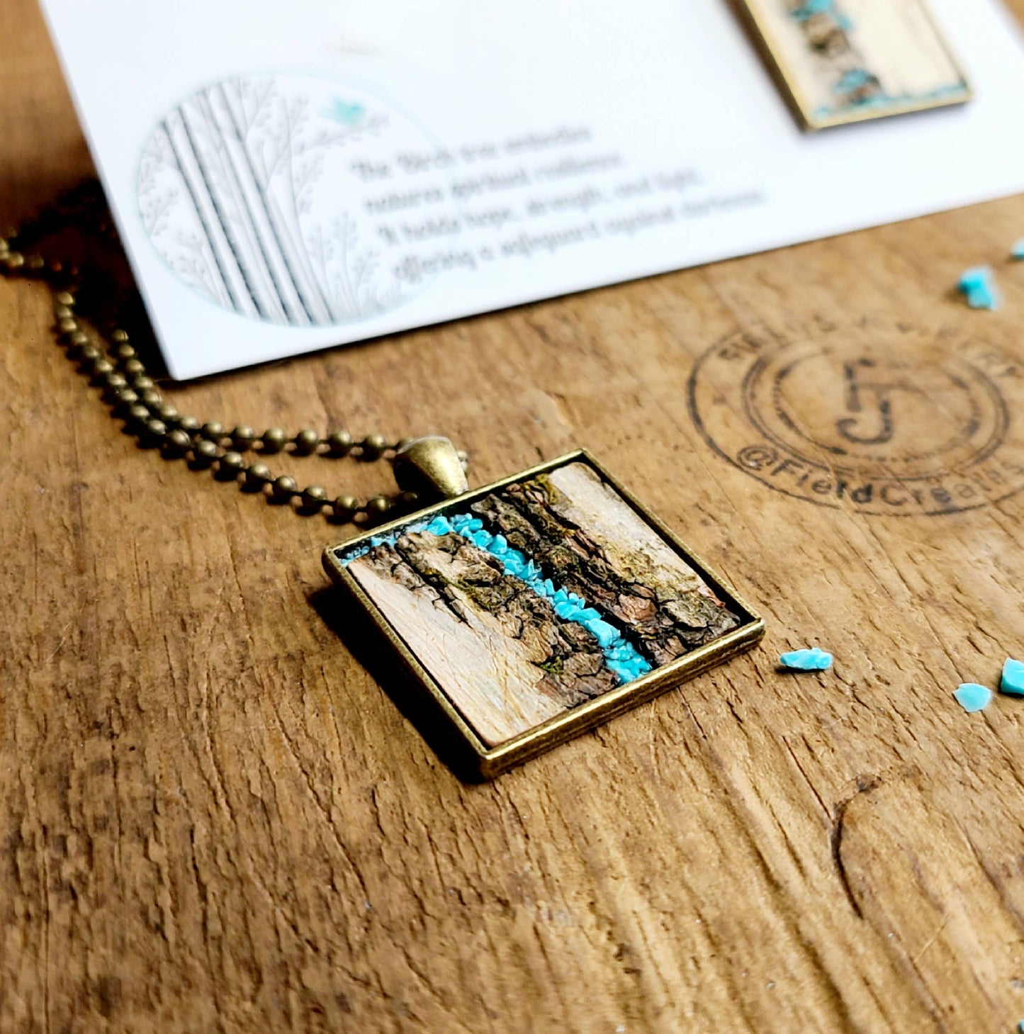 Turquoise Birch Bark Square Necklace Set Botanical Nature