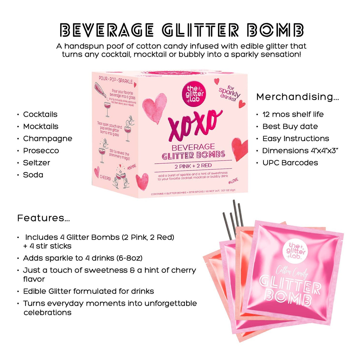 XOXO Beverage Glitter Bombs for Valentine Cocktails & Drinks