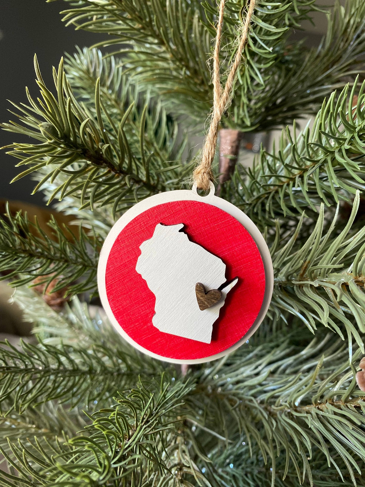 Handmade Wisconsin small round ornament with heart