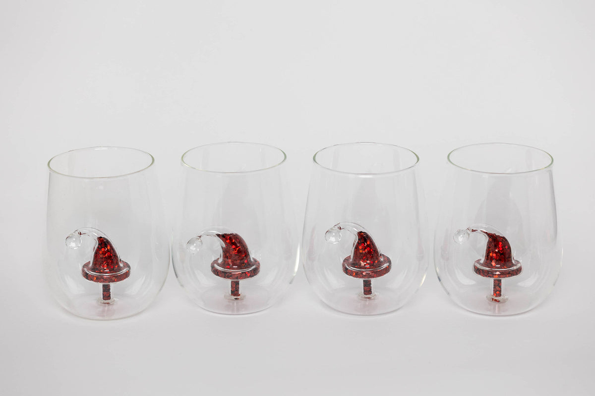 JF Glitter Christmas Santa Hat Stemless Wine Glass, Set of 4
