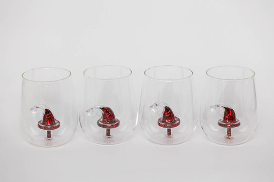 JF Glitter Christmas Santa Hat Stemless Wine Glass, Set of 4
