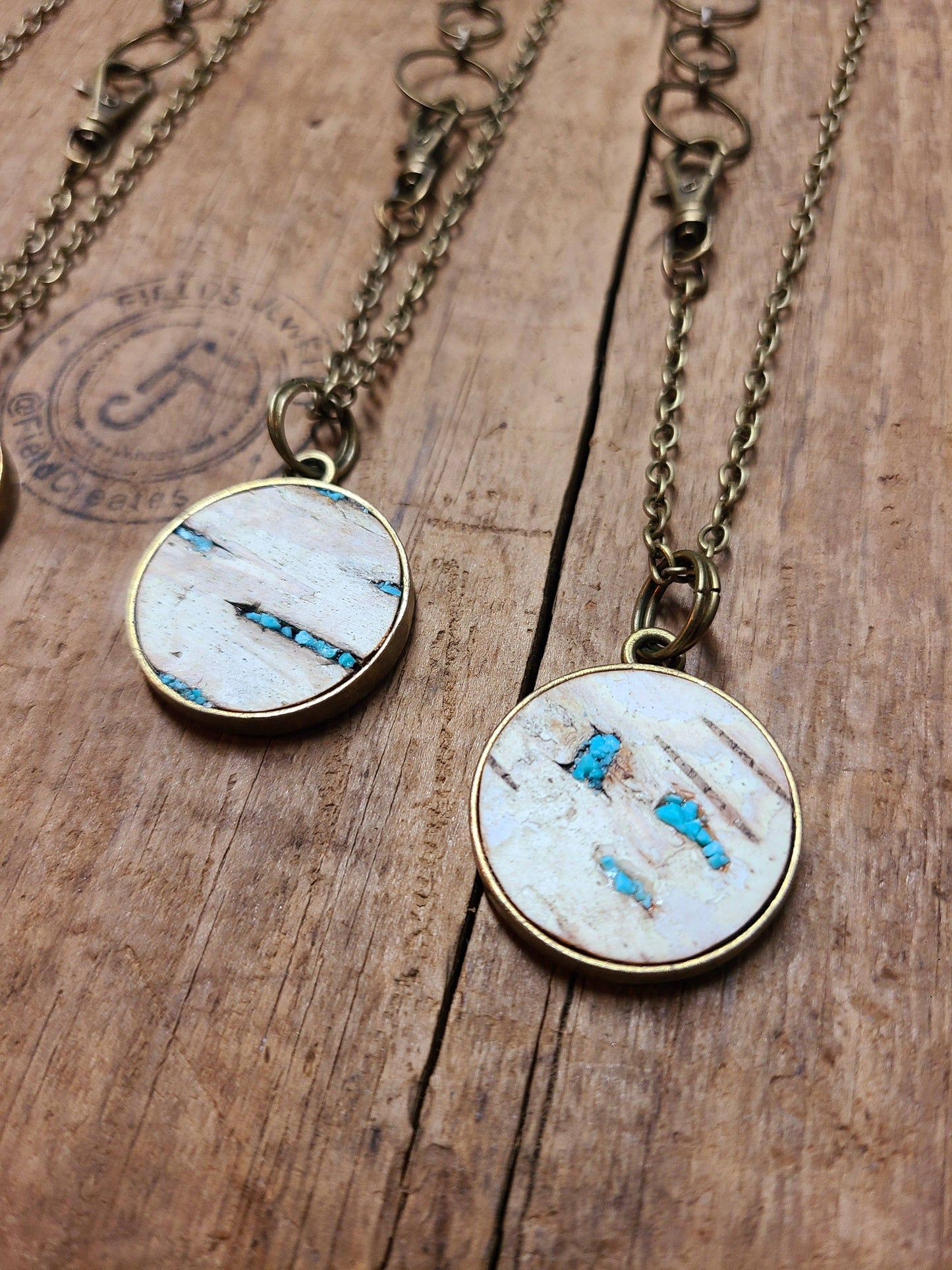 Double Natural Wood Birch Bark Turquoise Necklace WI USA