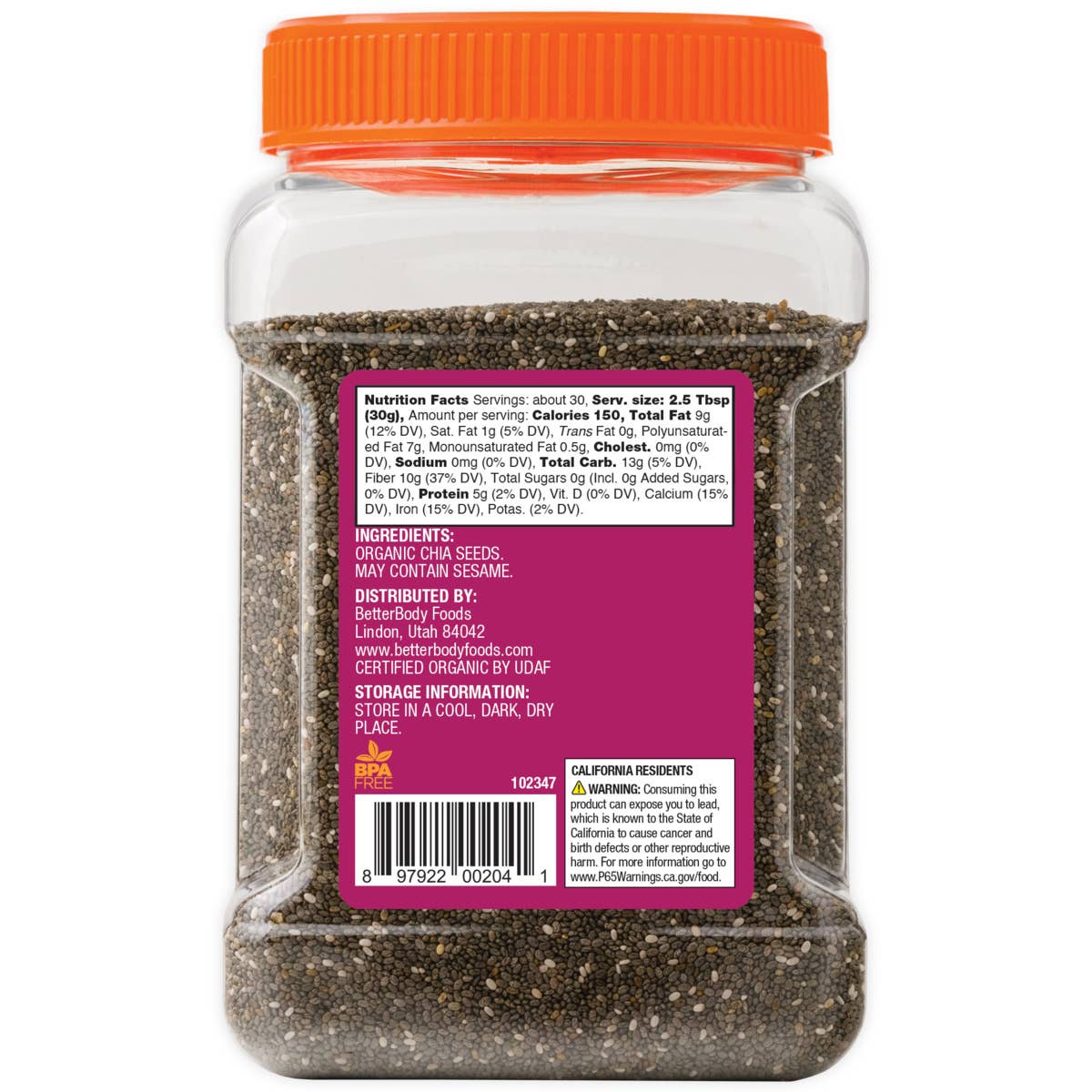 BetterBody Foods Organic Chia Seeds 2 lbs, 32 Oz