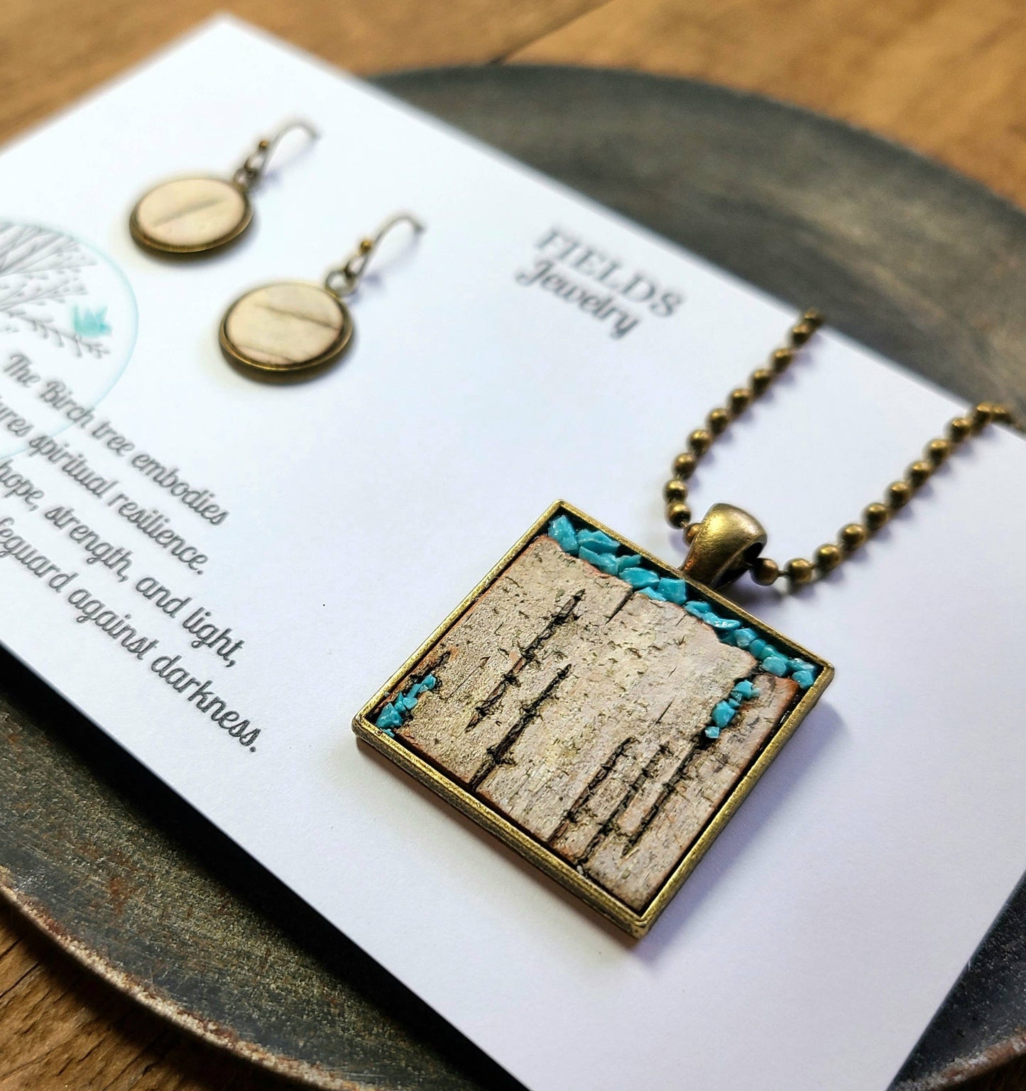 Turquoise Birch Bark Square Necklace Set Botanical Nature