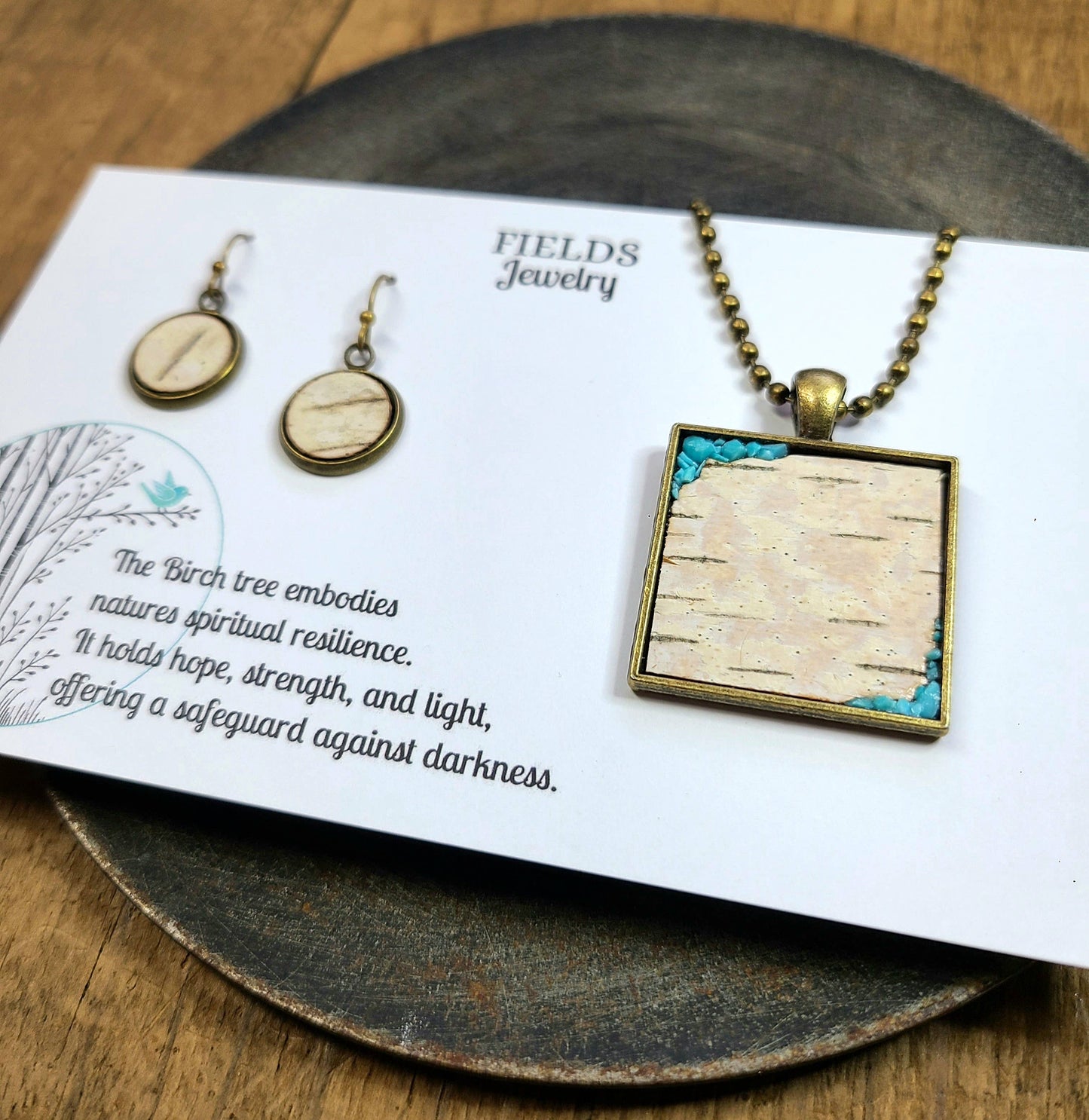 Turquoise Birch Bark Square Necklace Set Botanical Nature