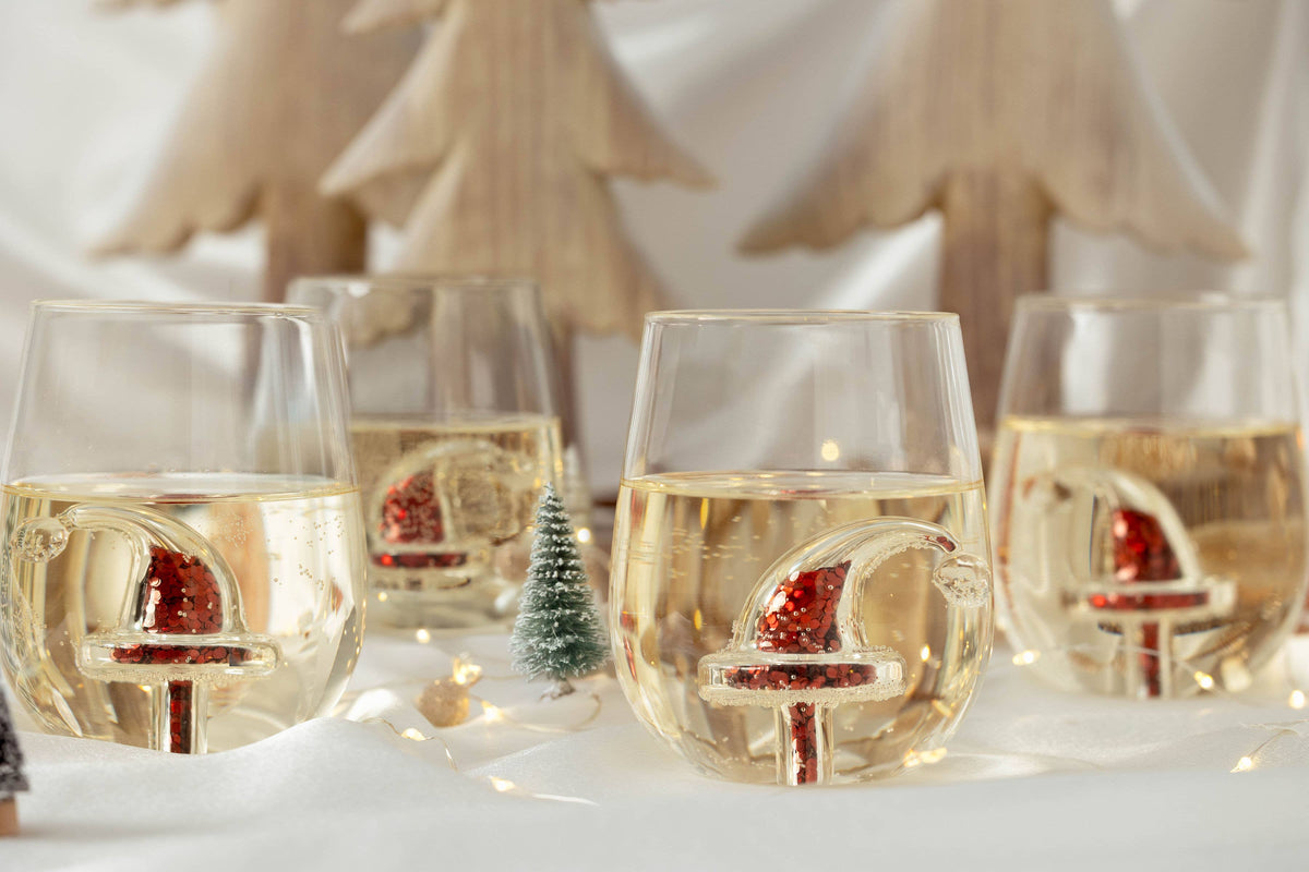 JF Glitter Christmas Santa Hat Stemless Wine Glass, Set of 4