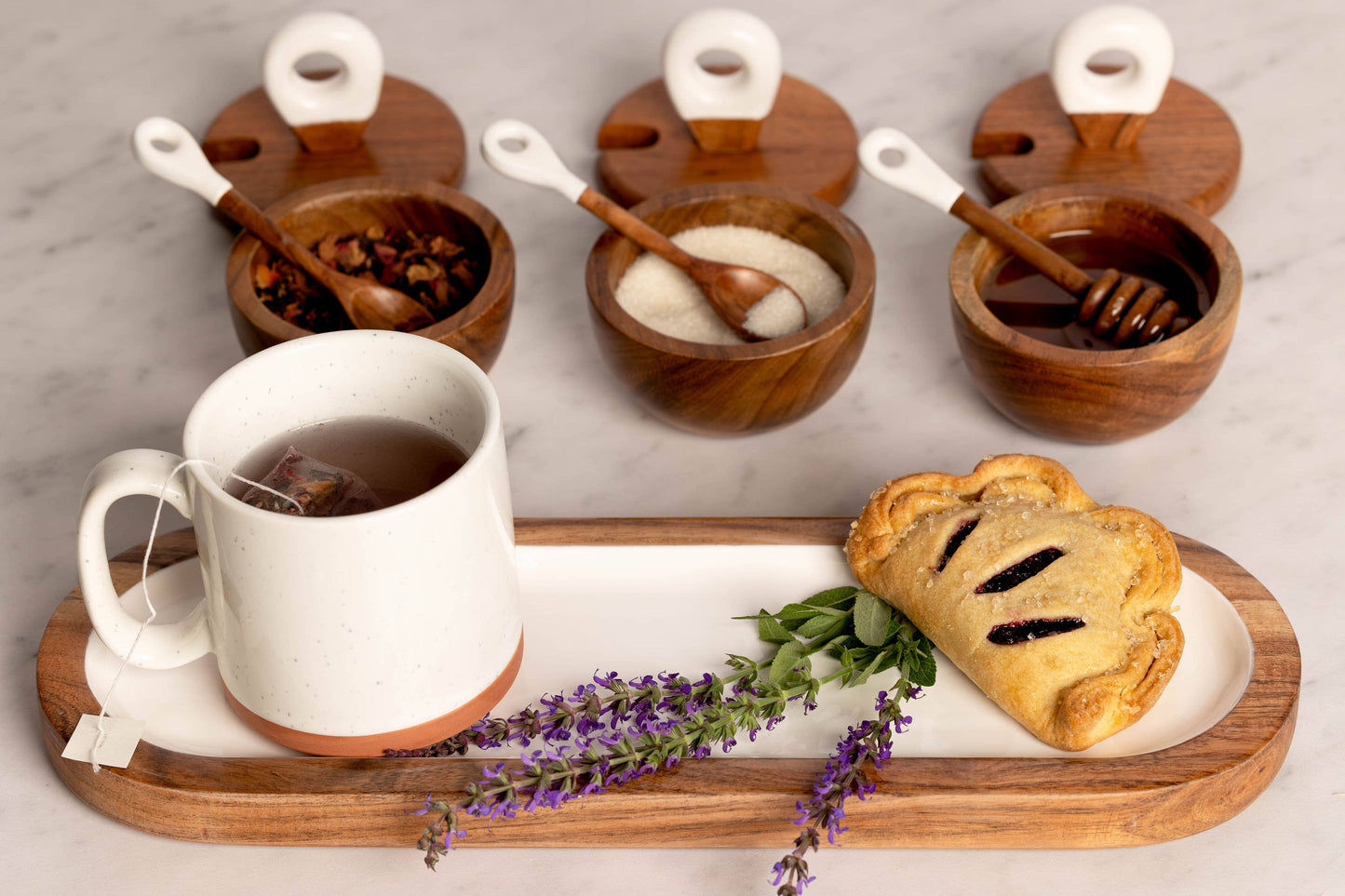 Wood + White Acacia Wood 3 dipping bowls, tray, and spoons