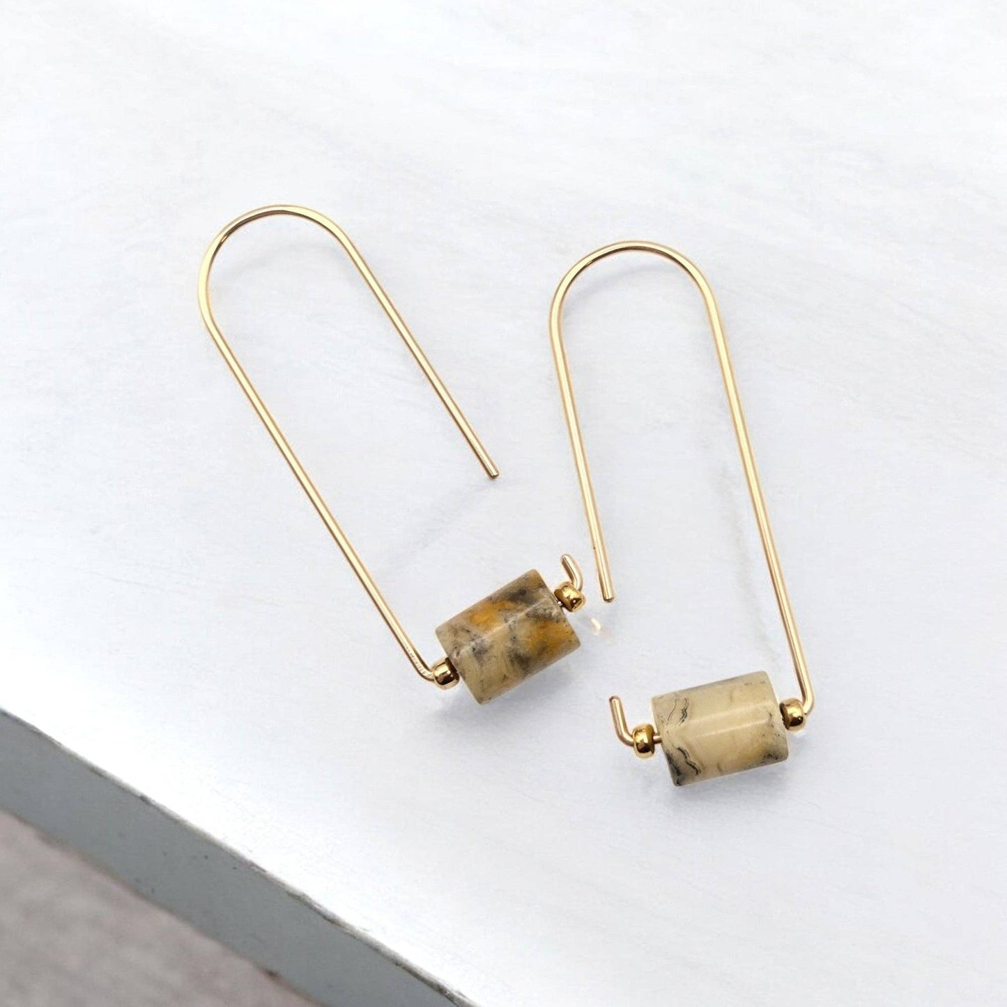 Handmade Gold Arc Threader Earrings with Crazy Lace Agate