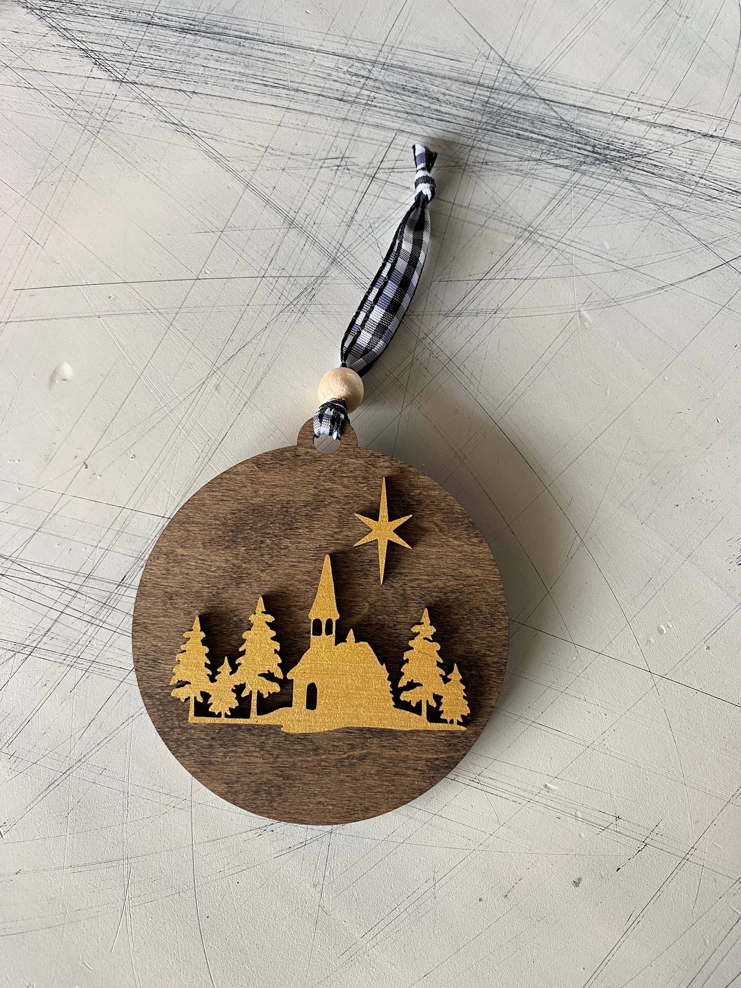 Handmade church scene ornament in mocha and gold