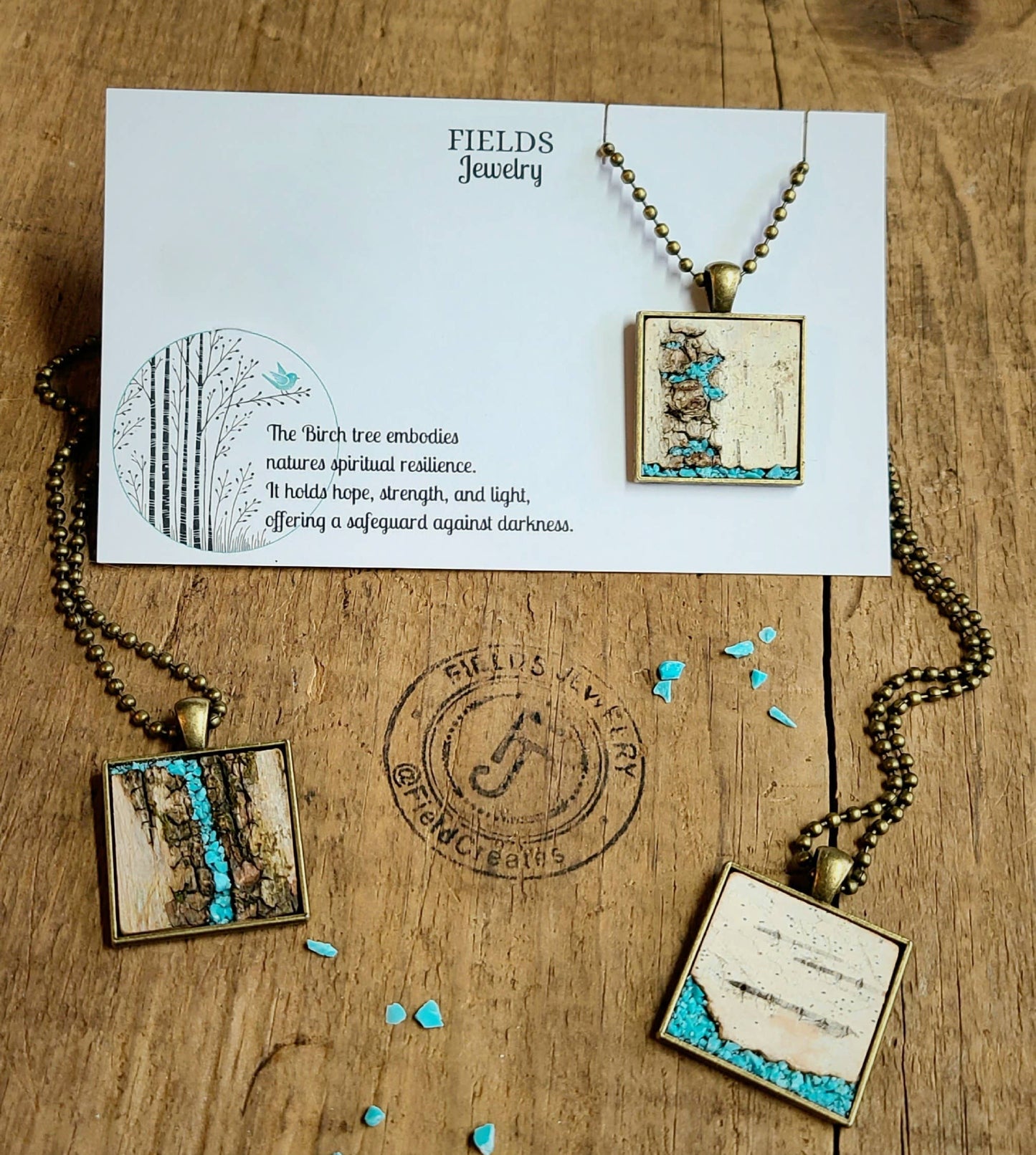 Turquoise Birch Bark Square Necklace Set Botanical Nature