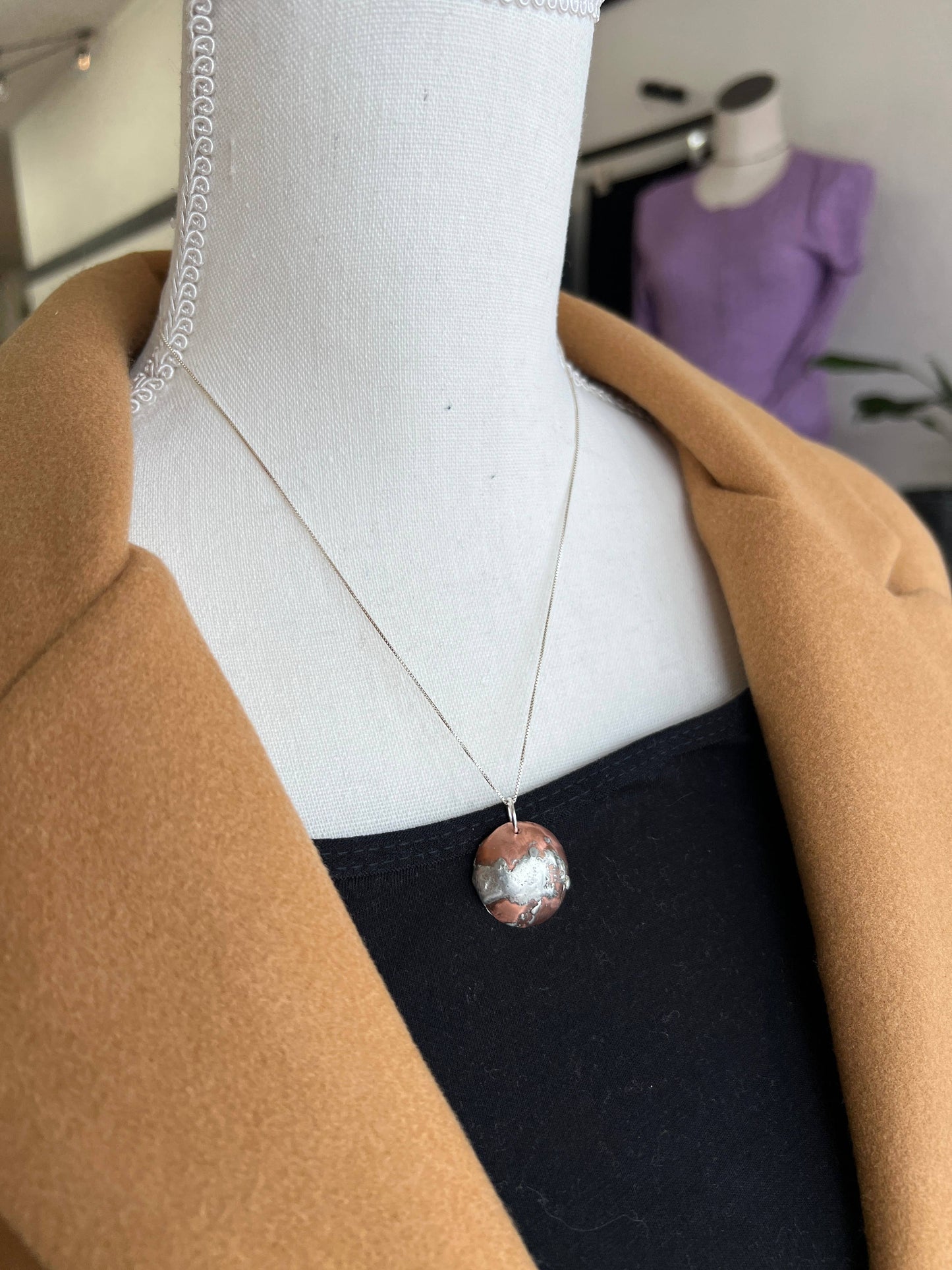 Inverted Copper Bowl Pendant with Splash on Sterling