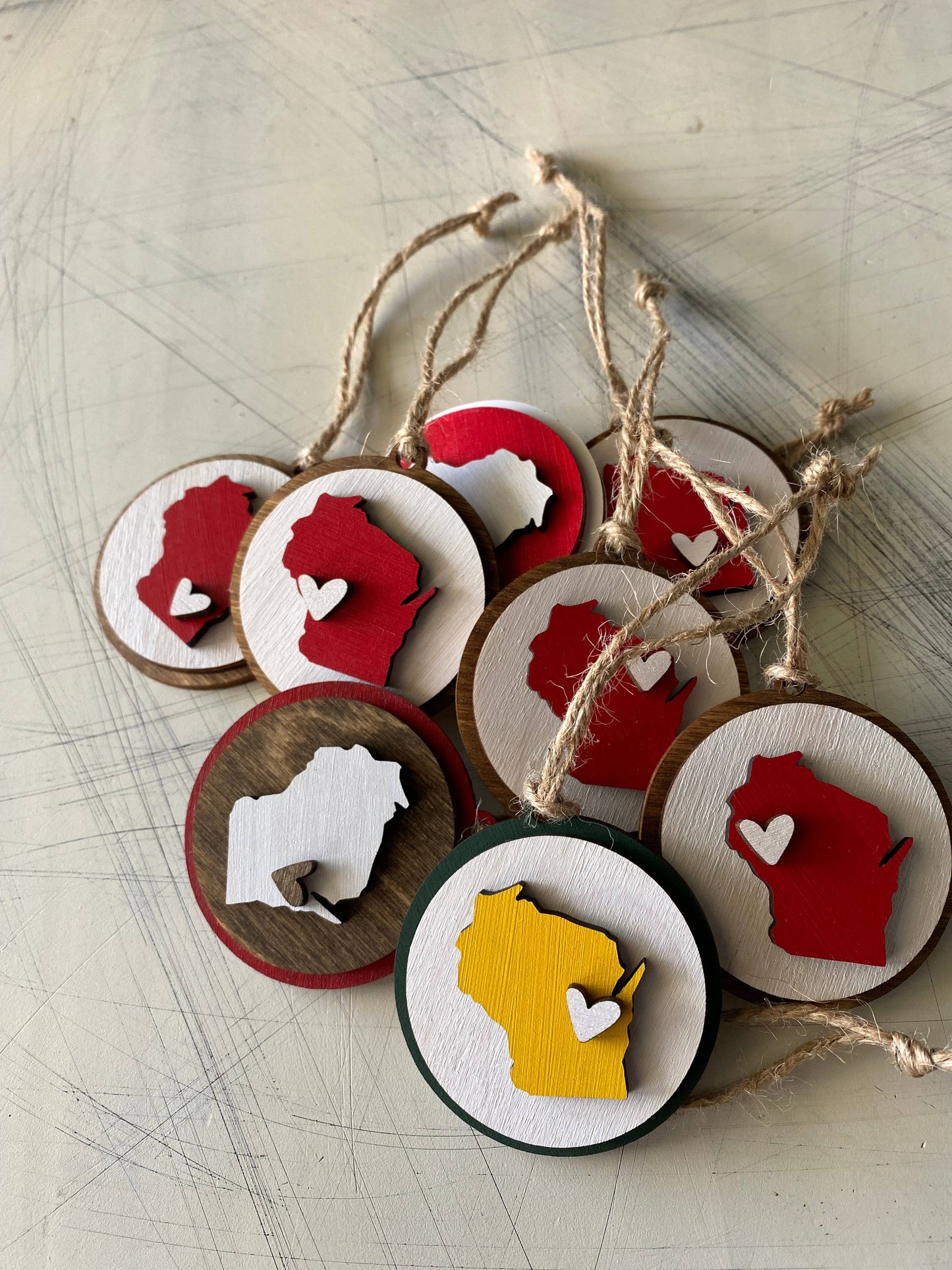 Handmade Wisconsin small round ornament with heart