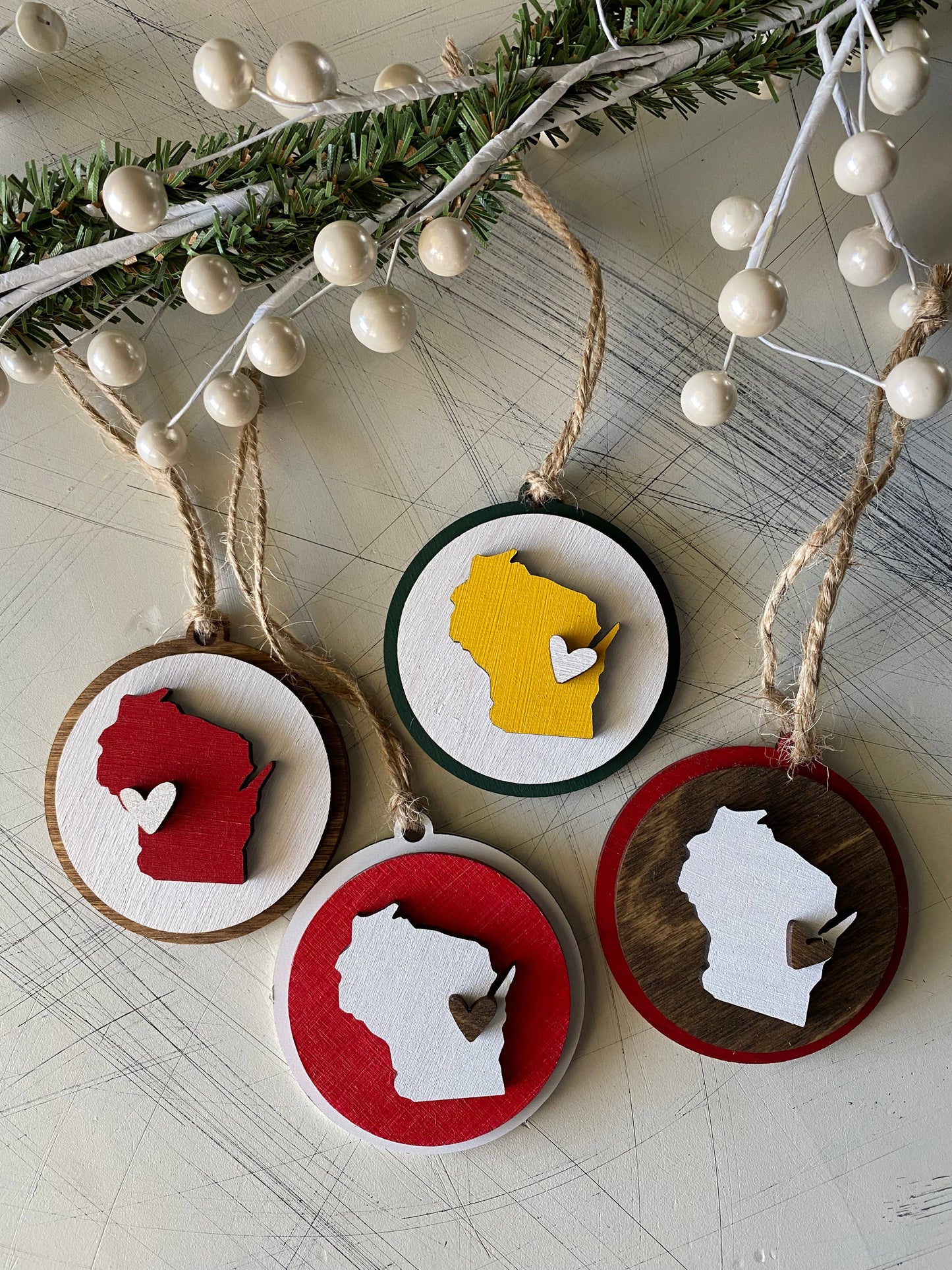 Handmade Wisconsin small round ornament with heart