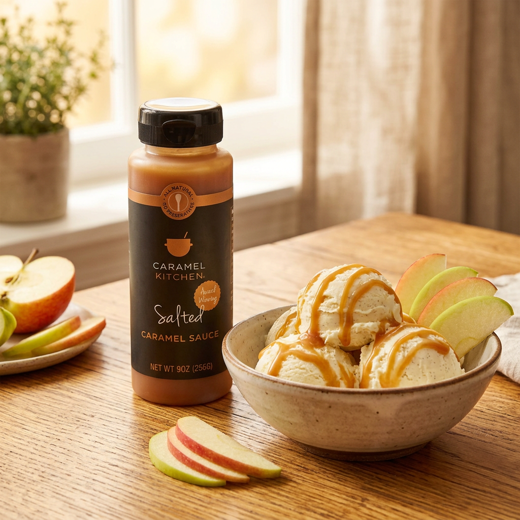 Caramel Kitchen Salted Caramel Sauce bottle beside caramel-drizzled vanilla ice cream and apple slices