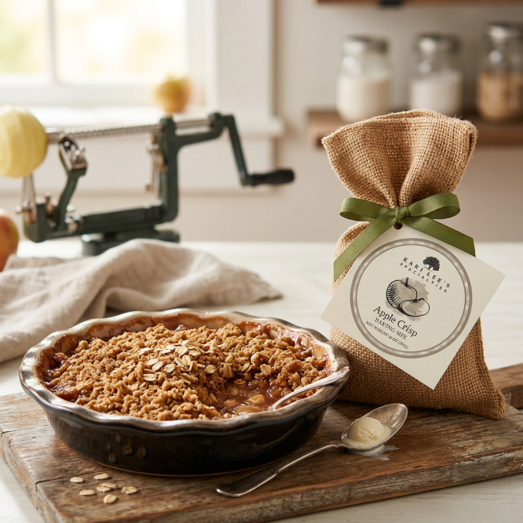 Warm apple crisp in a baking dish beside a Kari Lee's Specialties Apple Crisp Baking Mix burlap bag