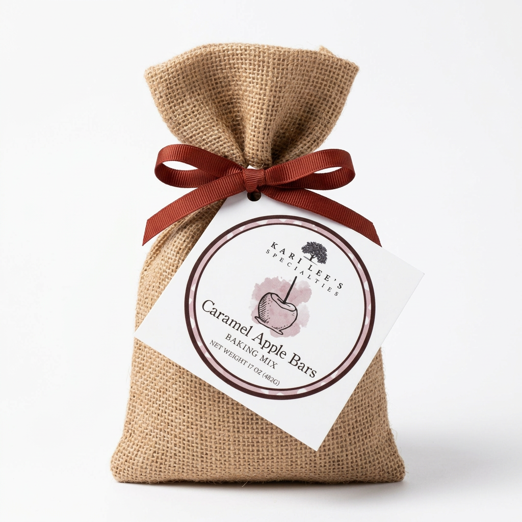 Kari Lee's Specialties Caramel Apple Bars Baking Mix in a burlap bag with red ribbon and tag