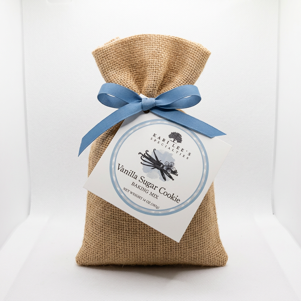 Kari Lee's Specialties Vanilla Sugar Cookie Baking Mix in a burlap bag with blue ribbon and tag