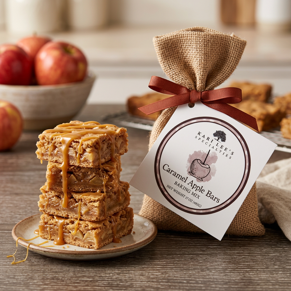 Stacked caramel apple bars with caramel drizzle beside a Kari Lee's Specialties Caramel Apple Bars Baking Mix burlap bag