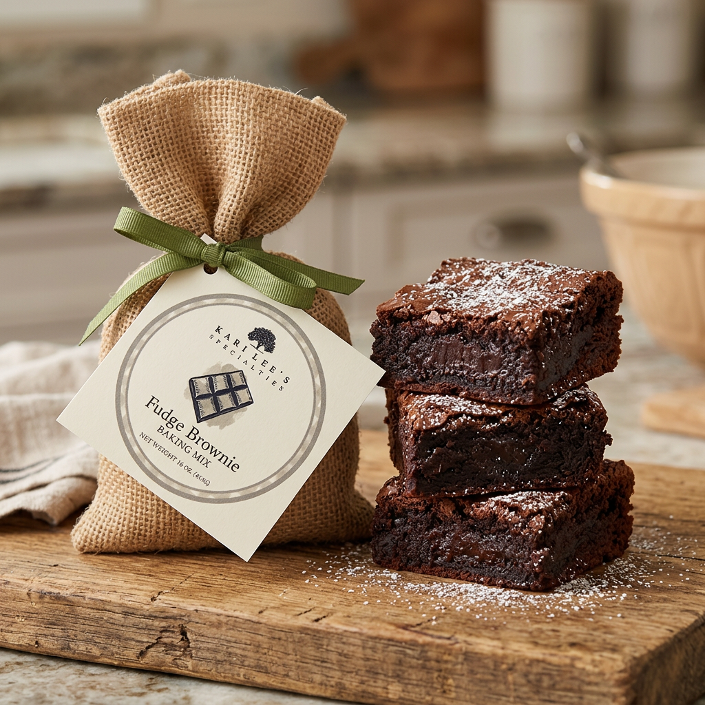 Freshly baked fudge brownies stacked on a wooden board beside a Kari Lee's Specialties Fudge Brownie Baking Mix burlap bag