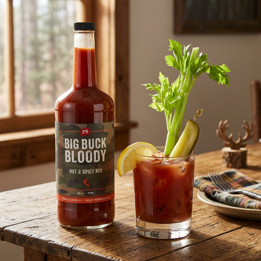 PS Seasoning Big Buck Bloody hot and spicy mix beside a garnished drink on a rustic table